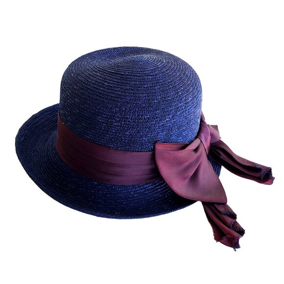 Vintage Straw Hat Blue Bowler Faded Purple Satin Ribbon - Picture 10 of 10